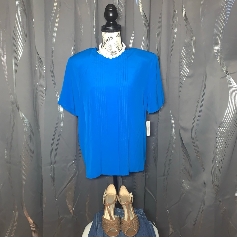 Vintage 90’s Deadstock Talbots Blouse Blue Short Sleeve W/ Shoulder Pads Size 12